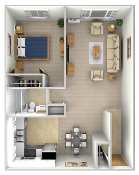 Floor plan for 1 bed, 1 bath, 686 sqft